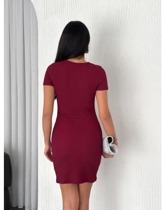 Bisiklet Yaka Kısa Kol Likralı Elbise - Bordo