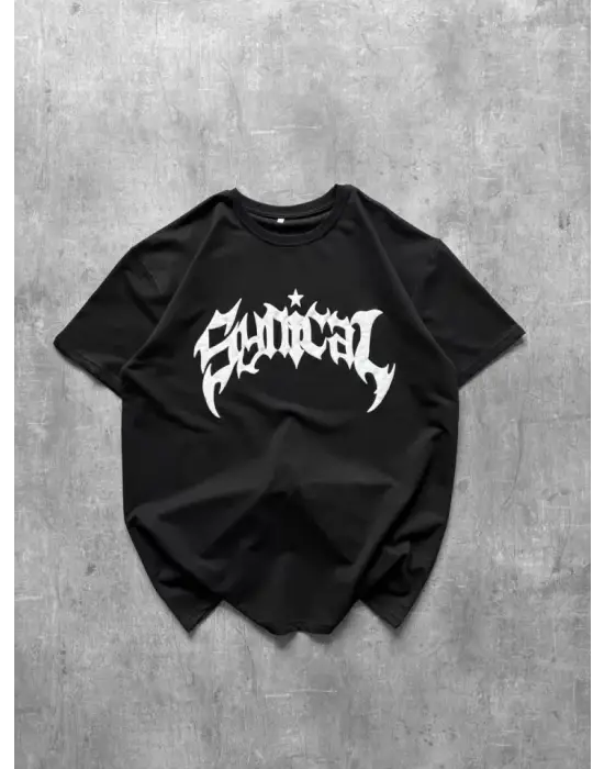 Bisiklet Yaka Ön Baskılı  Kısa Kollu Tişört Streetwear Günlük Basic Pamuklu T-shirt - Siyah