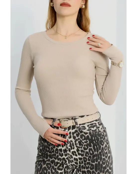 Bisiklet Yaka Parmak Geçmeli Kaşkorse bluz bej a3829