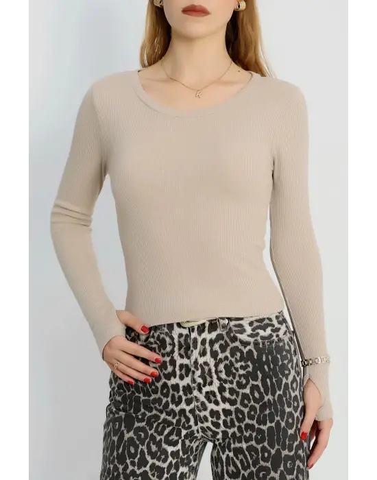 Bisiklet Yaka Parmak Geçmeli Kaşkorse bluz bej a3829