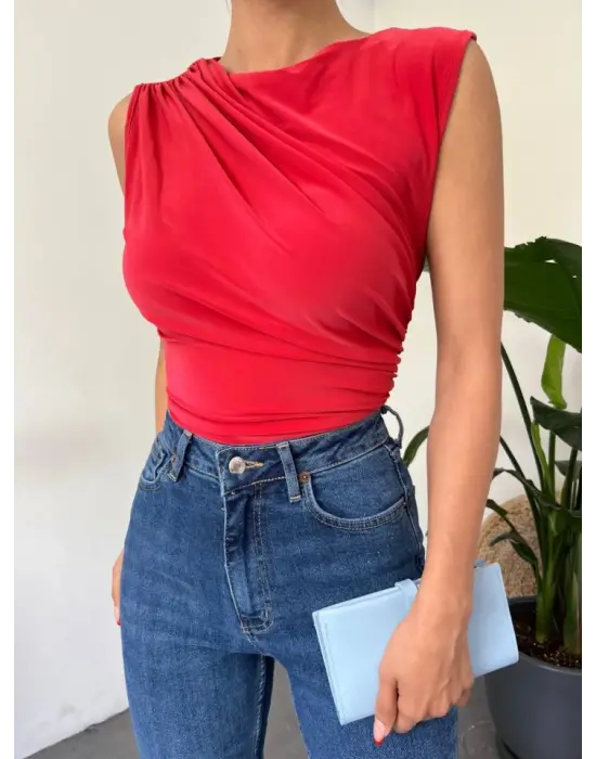 Bisiklet Yaka Sıfır Kol Sandy Bluz -Kırmızı