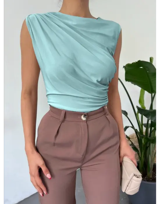 Bisiklet Yaka Sıfır Kol Sandy Bluz  -Mint