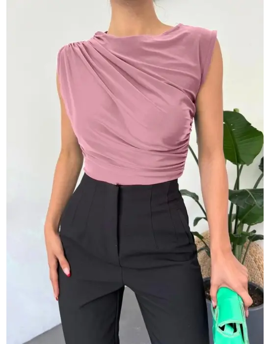 Bisiklet Yaka Sıfır Kol Sandy Bluz  -Pudra