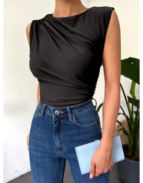 Bisiklet Yaka Sıfır Kol Sandy Bluz -Siyah