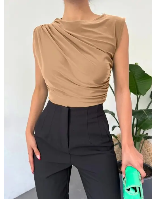 Bisiklet Yaka Sıfır Kol Sandy Bluz  -Vizon