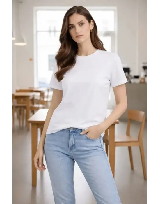 Bisiklet Yaka Tişört Regular Kalıp Basic Pamuklu Günlük Kullanım T-shirt - Beyaz