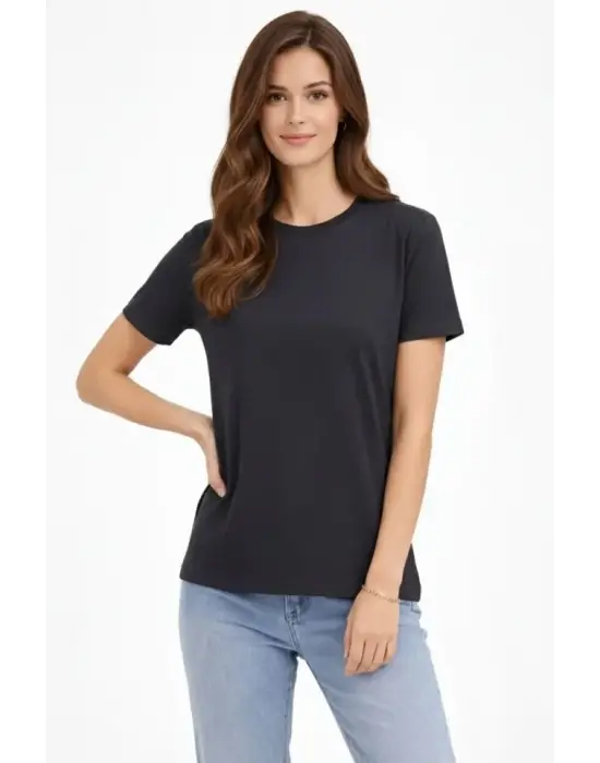 Bisiklet Yaka Tişört Regular Kalıp Basic Pamuklu Günlük Kullanım T-shirt - Füme