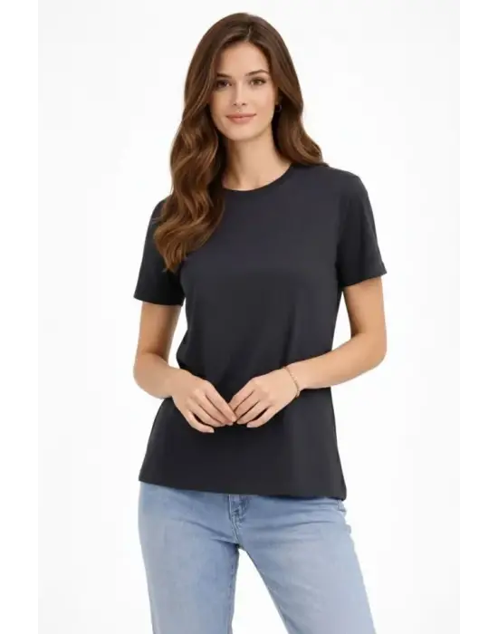 Bisiklet Yaka Tişört Regular Kalıp Basic Pamuklu Günlük Kullanım T-shirt - Füme