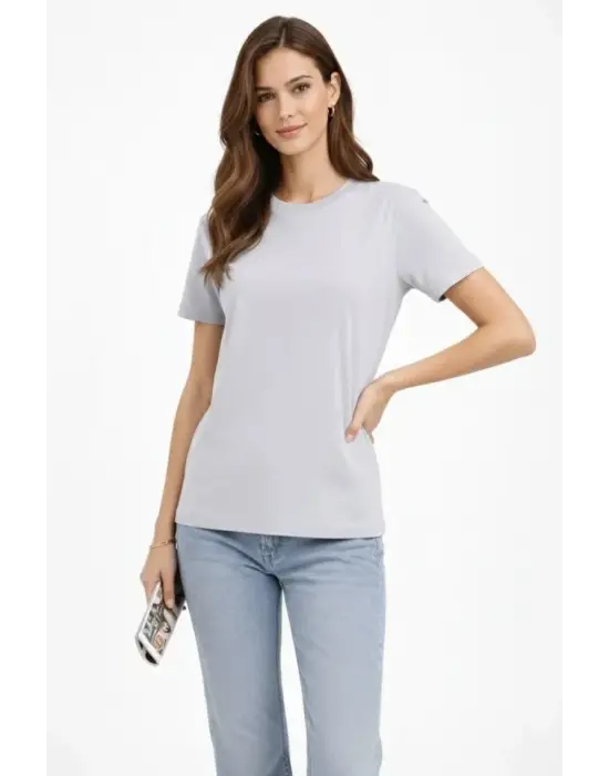 Bisiklet Yaka Tişört  Regular Kalıp Basic Pamuklu  Günlük Kullanım  T-shirt - Gri