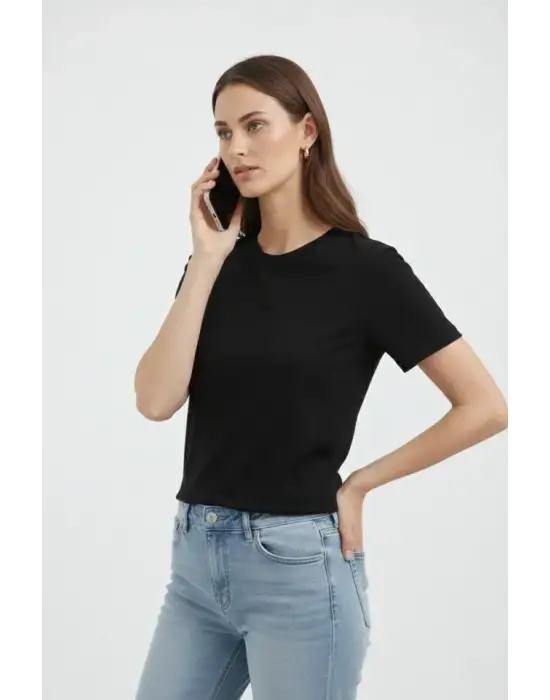 Bisiklet Yaka Tişört Regular Kalıp Basic Pamuklu Günlük Kullanım T-shirt - Siyah