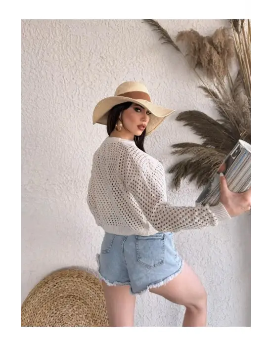 Bisiklet Yaka Triko Delıklı Kazak - KREM