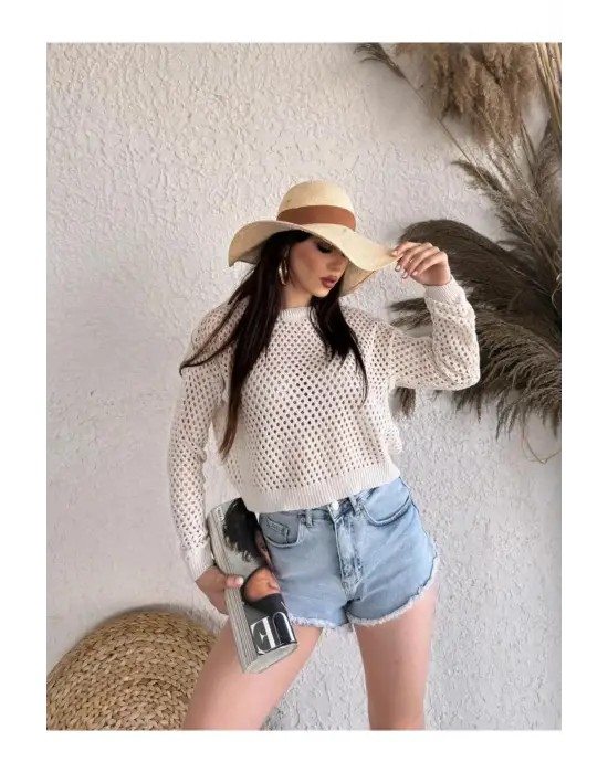 Bisiklet Yaka Triko Delıklı Kazak - KREM