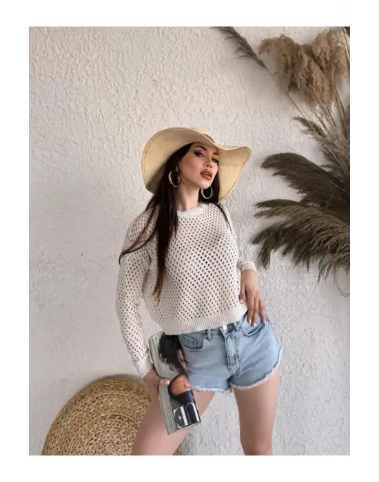 Bisiklet Yaka Triko Delıklı Kazak - KREM