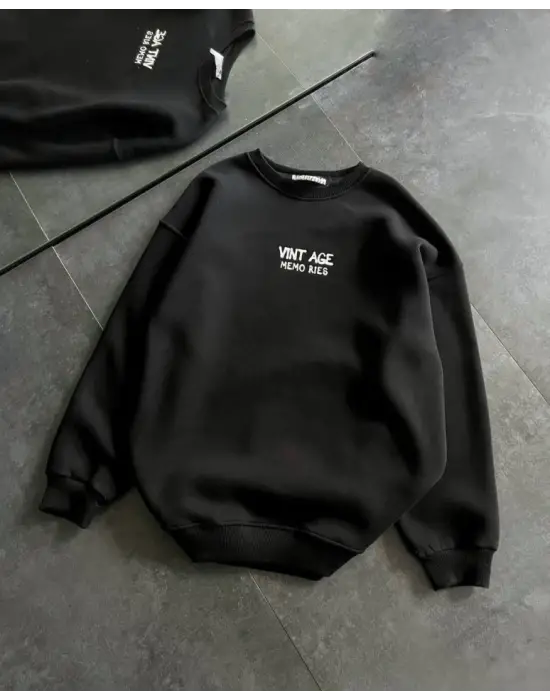 Bisiklet Yaka Üç İplik Baskılı Oversize SweatShirt - Siyah