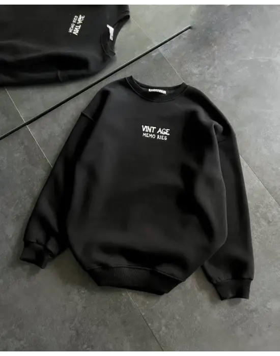 Omarı Şık Baskılı Oversize Sweatshirt - Siyah