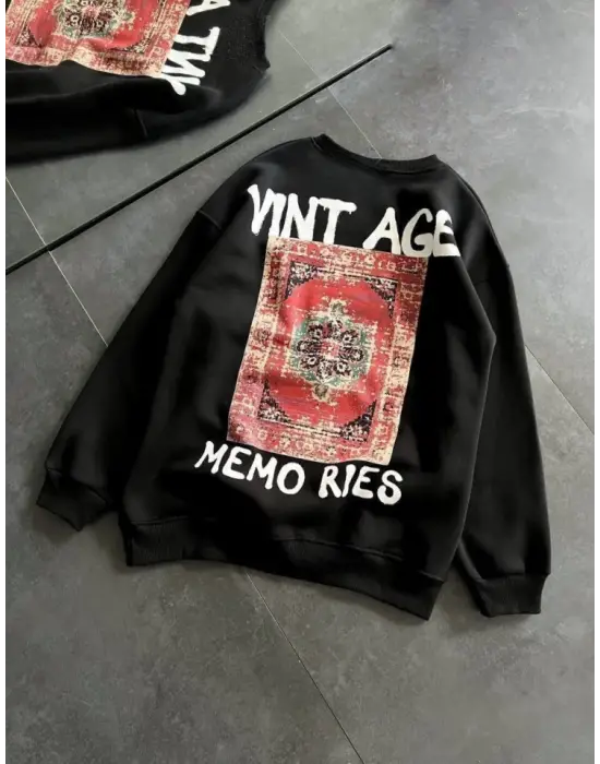 Omarı Şık Baskılı Oversize Sweatshirt - Siyah