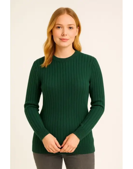 Bisiklet Yuvarlak Yaka Triko Kazak Pamuklu Kalın Fitilli Dokuma, Regular Fit Uzun Kollu Kışlık Model - Haki