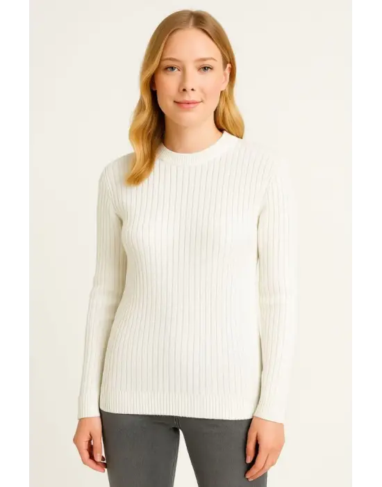 Bisiklet Yuvarlak Yaka Triko Kazak Pamuklu Kalın Fitilli Dokuma, Regular Fit Uzun Kollu Kışlık Model - Beyaz