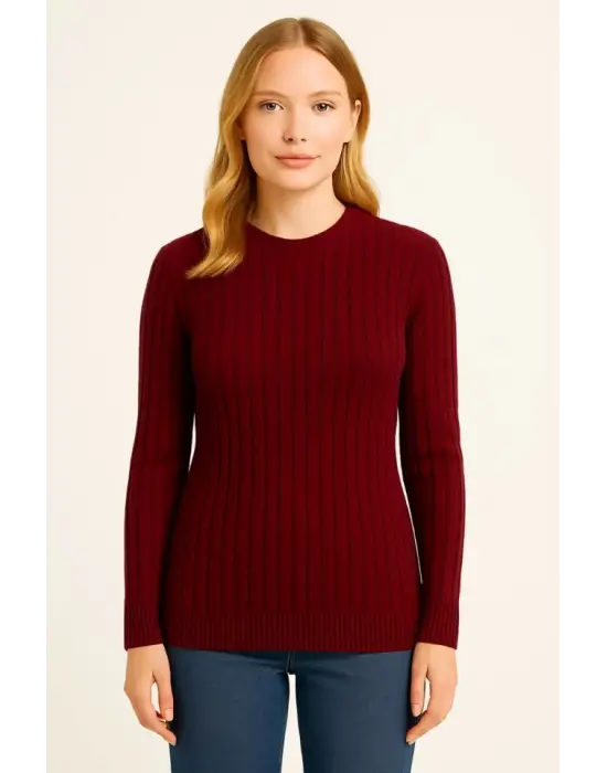 Bisiklet Yuvarlak Yaka Triko Kazak Pamuklu Kalın Fitilli Dokuma, Regular Fit Uzun Kollu Kışlık Model - Bordo