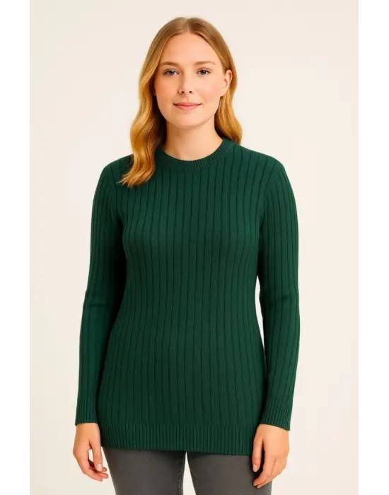 Bisiklet Yuvarlak Yaka Triko Kazak Pamuklu Kalın Fitilli Dokuma, Regular Fit Uzun Kollu Kışlık Model - Haki