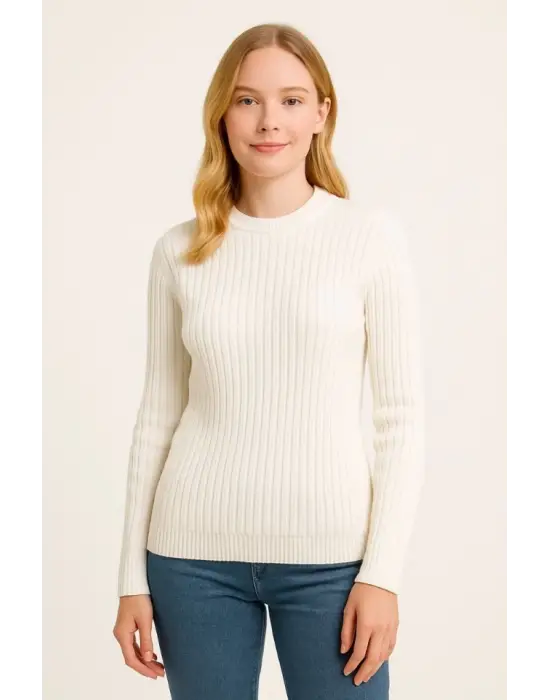 Bisiklet Yuvarlak Yaka Triko Kazak Pamuklu Kalın Fitilli Dokuma, Regular Fit Uzun Kollu Kışlık Model - Beyaz