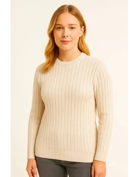 Bisiklet Yuvarlak Yaka Triko Kazak Pamuklu Kalın Fitilli Dokuma, Regular Fit Uzun Kollu Kışlık Model - Bej