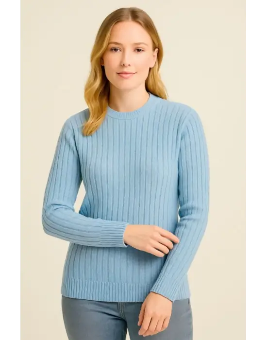 Bisiklet Yuvarlak Yaka Triko Kazak Pamuklu Kalın Fitilli Dokuma, Regular Fit Uzun Kollu Kışlık Model - Bebe Mavisi