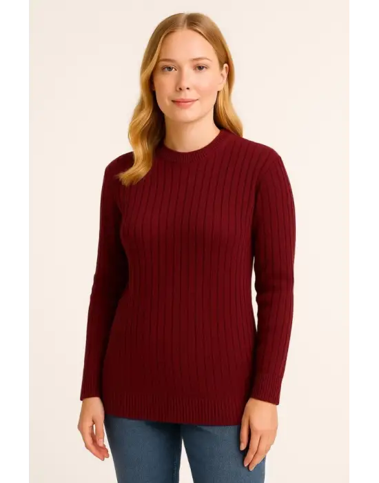 Bisiklet Yuvarlak Yaka Triko Kazak Pamuklu Kalın Fitilli Dokuma, Regular Fit Uzun Kollu Kışlık Model - Bordo