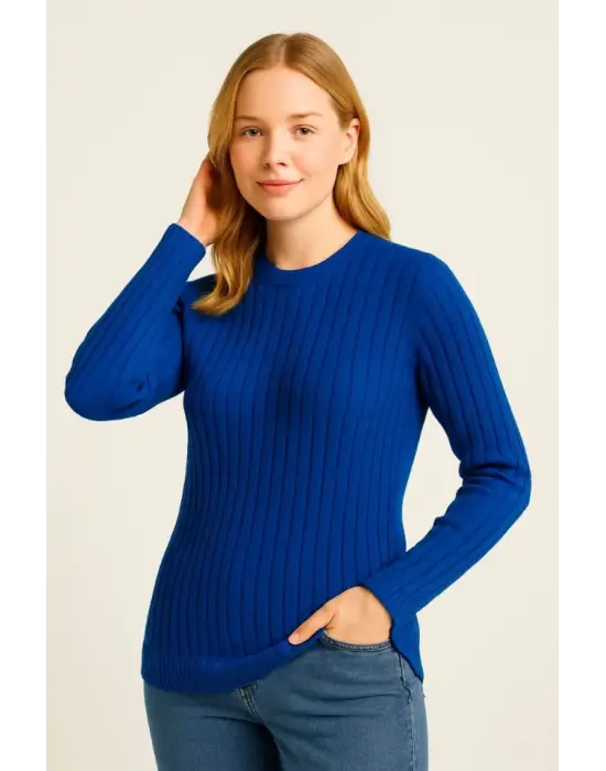 Bisiklet Yuvarlak Yaka Triko Kazak Pamuklu Kalın Fitilli Dokuma, Regular Fit Uzun Kollu Kışlık Model - Saks Mavisi