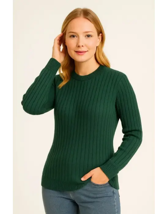 Bisiklet Yuvarlak Yaka Triko Kazak Pamuklu Kalın Fitilli Dokuma, Regular Fit Uzun Kollu Kışlık Model - Haki