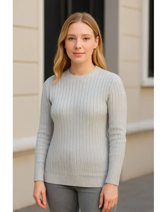 Bisiklet Yuvarlak Yaka Triko Kazak Pamuklu Kalın Fitilli Dokuma, Regular Fit Uzun Kollu Kışlık Model - Gri