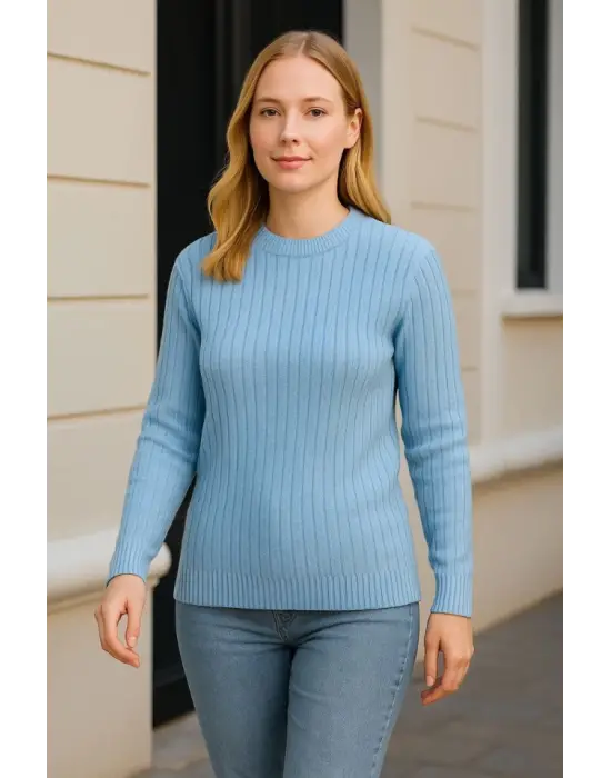 Bisiklet Yuvarlak Yaka Triko Kazak Pamuklu Kalın Fitilli Dokuma, Regular Fit Uzun Kollu Kışlık Model - Bebe Mavisi
