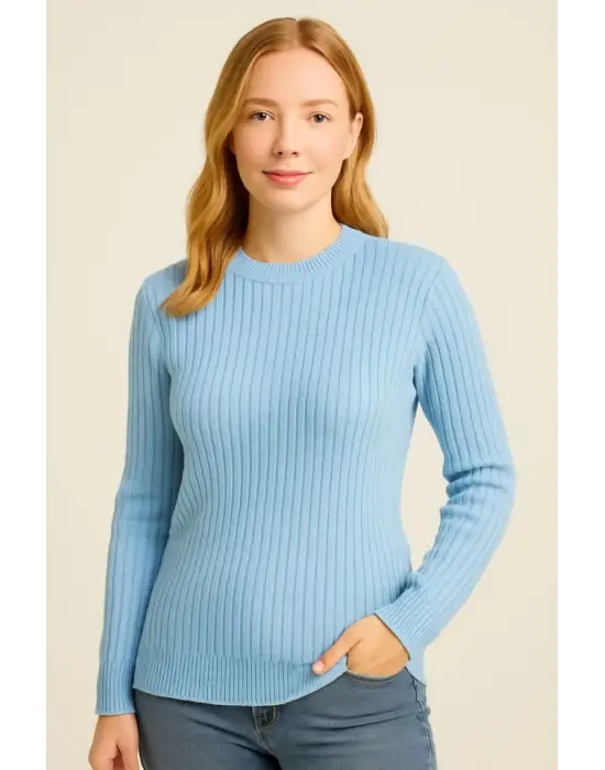 Bisiklet Yuvarlak Yaka Triko Kazak Pamuklu Kalın Fitilli Dokuma, Regular Fit Uzun Kollu Kışlık Model - Bebe Mavisi