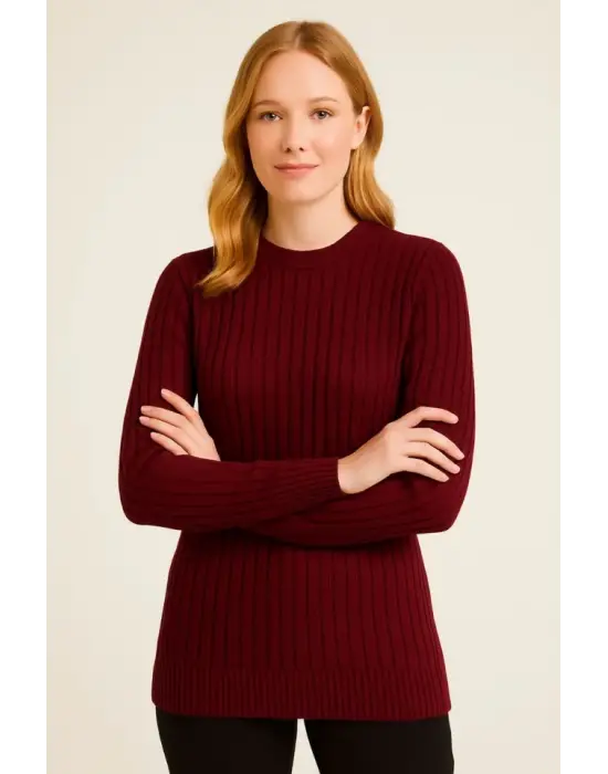 Bisiklet Yuvarlak Yaka Triko Kazak Pamuklu Kalın Fitilli Dokuma, Regular Fit Uzun Kollu Kışlık Model - Bordo