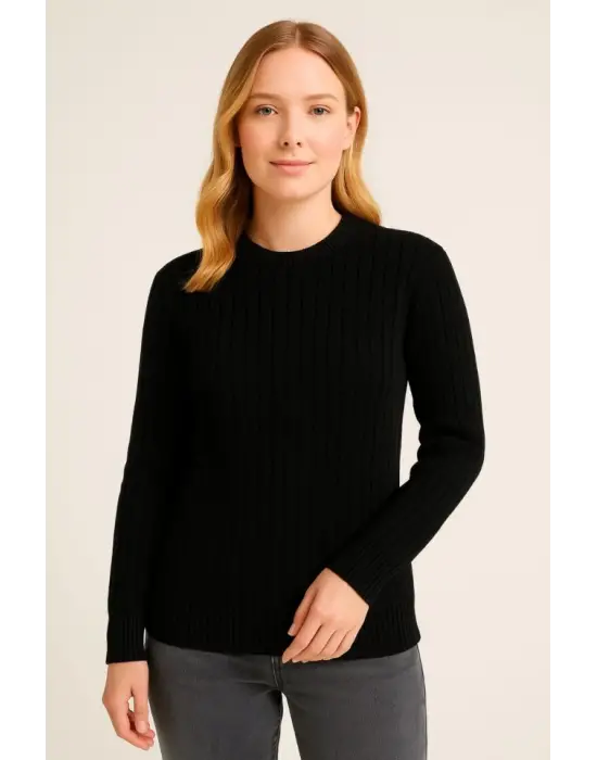 Bisiklet Yuvarlak Yaka Triko Kazak Pamuklu Kalın Fitilli Dokuma, Regular Fit Uzun Kollu Kışlık Model - Siyah