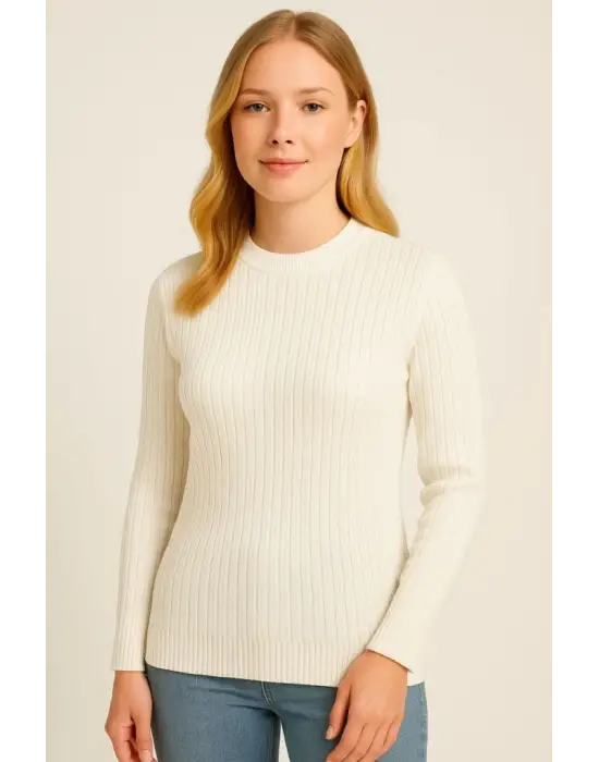 Bisiklet Yuvarlak Yaka Triko Kazak Pamuklu Kalın Fitilli Dokuma, Regular Fit Uzun Kollu Kışlık Model - Beyaz