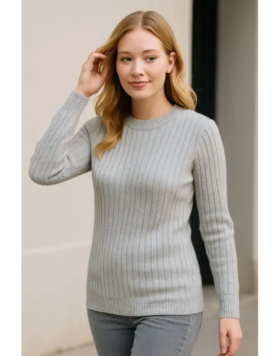 Bisiklet Yuvarlak Yaka Triko Kazak Pamuklu Kalın Fitilli Dokuma, Regular Fit Uzun Kollu Kışlık Model - Gri