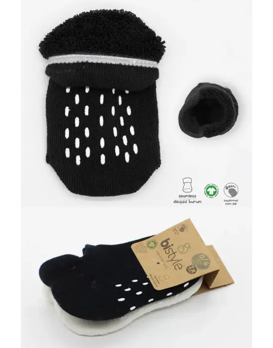 Bistyle 2li Altı Havlu Sneakers Kaymaz Çorap 20501 Siyah Ekru