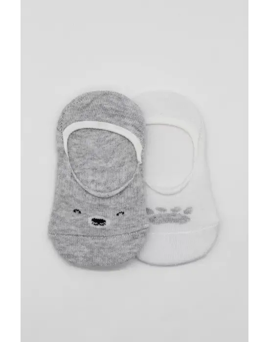 Bistyle 2li Babet Cute Face Penye Çorap 30103 Gri Beyaz