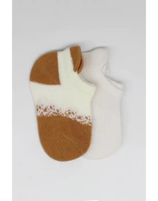 Omarı Yumuşak Penye 2li Sneakers Çorap Seti - Ekru Hardal Renkli