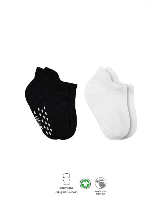 Omarı Kaymaz Sneakers Basic Penye Çorap - Siyah Ekru