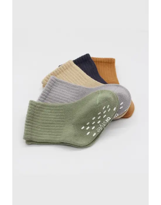 Omarı Yenilikçi Penye Kaymaz Düz Soket Çorap Yeşil 5li Set
