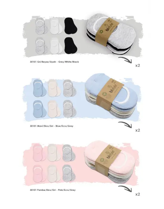 Omarı Silikonlu Babet Penye Çorap Seti - Pembe, Ekru, Gri