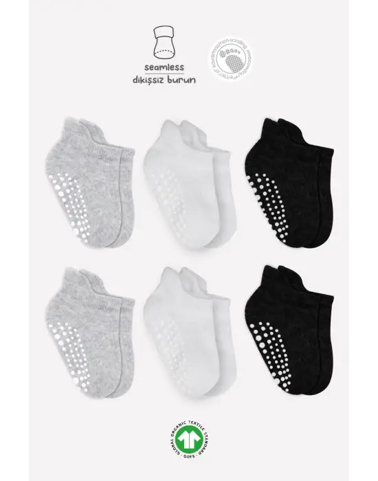 Omarı Kaymaz Penye Çorap 6Lı Sneakers Seti Gri Beyaz Siyah