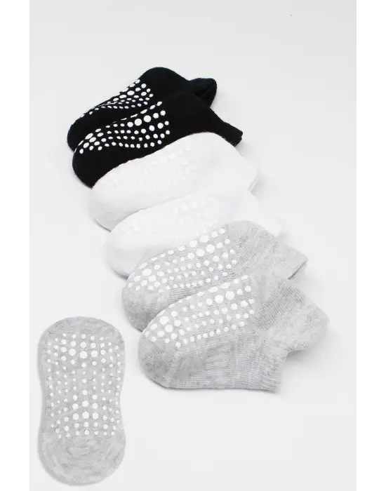 Omarı Kaymaz Penye Çorap 6Lı Sneakers Seti Gri Beyaz Siyah
