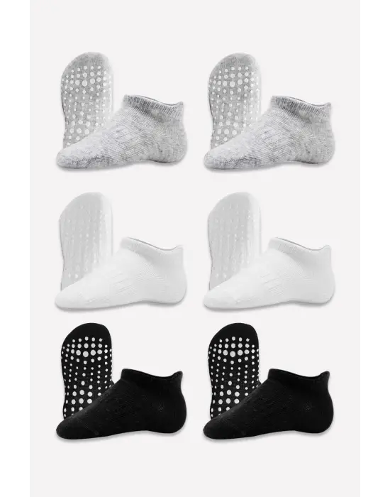 Omarı Kaymaz Penye Çorap 6Lı Sneakers Seti Gri Beyaz Siyah