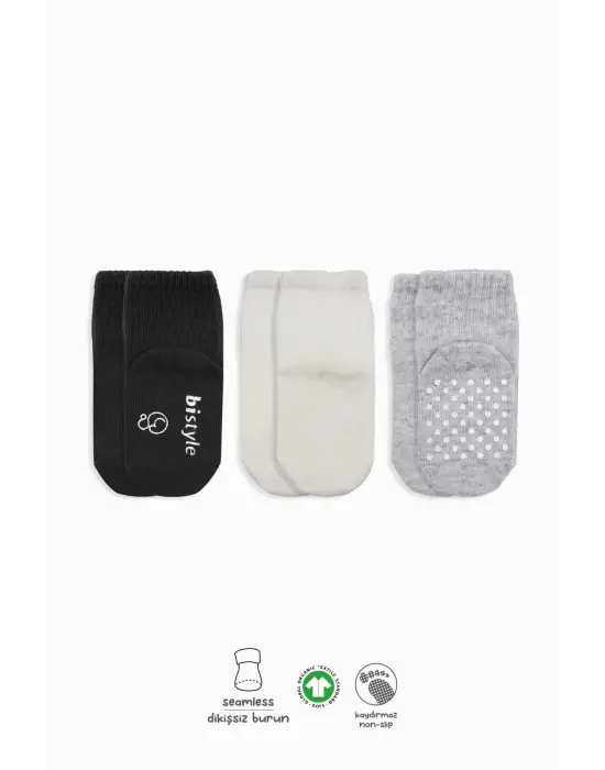 Omarı Kaymaz Penye 3Lü Soket Çorap Seti Siyah Ekru Gri