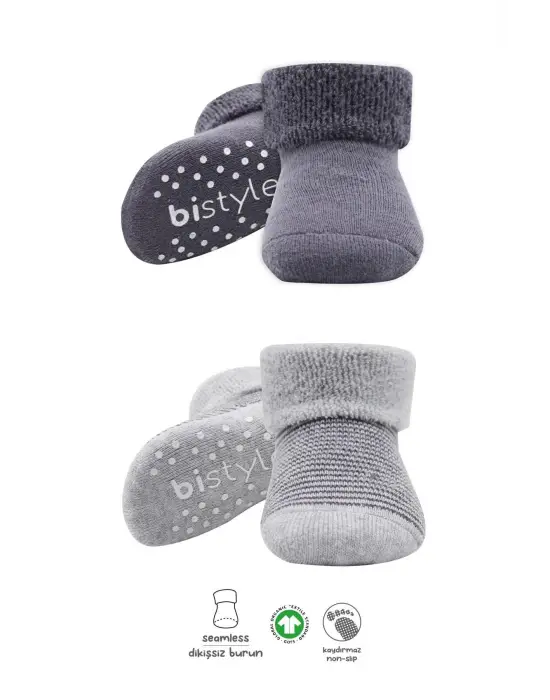 Omarı Kaymaz Çemberli Havlu Soket Çorap Seti 2 Adet Gri-Antrasit