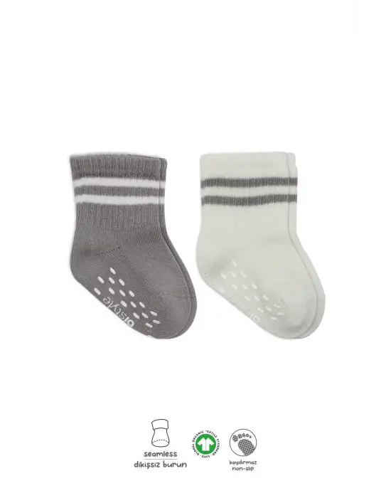 Omarı Çemberli Kaymaz Soket Çorap Seti - Gri ve Ekru Renkler