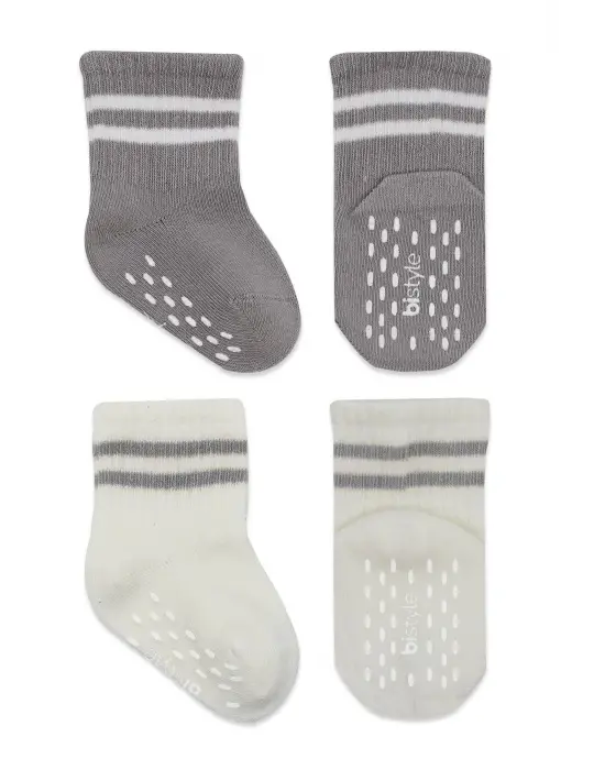Omarı Çemberli Kaymaz Soket Çorap Seti - Gri ve Ekru Renkler